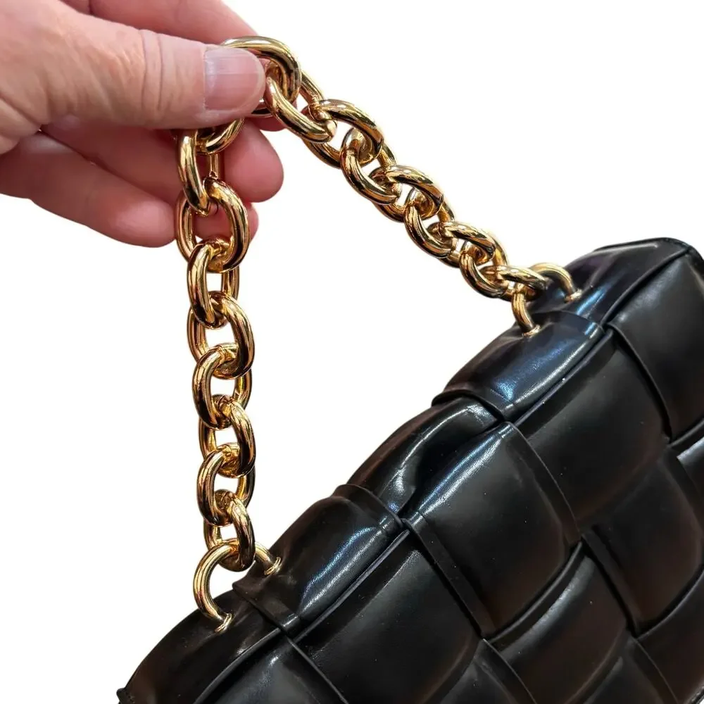 Black faux leather quilted puffy purse chunky gold chain top handle satchel